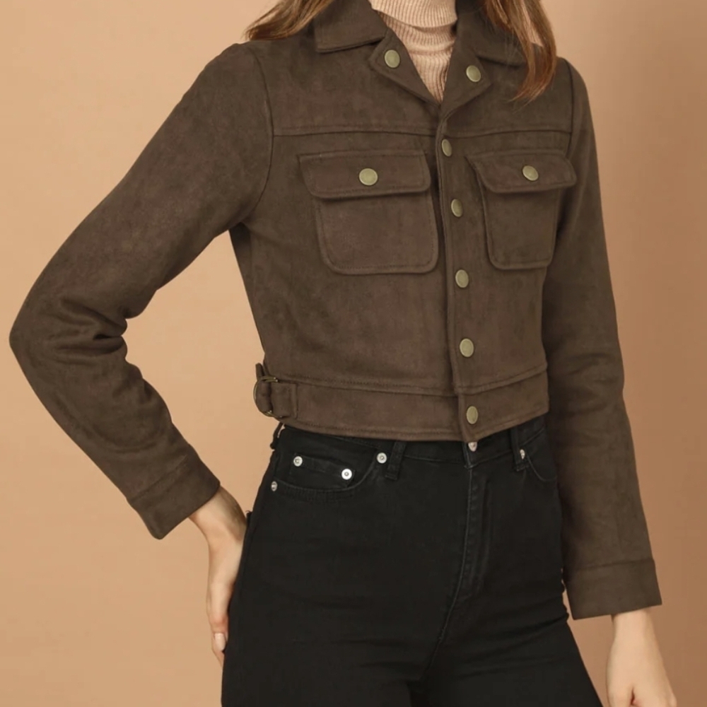 NWT Allegra K Faux Suede Brown Cropped Moto Jacket Size Medium - Picture 3 of 9